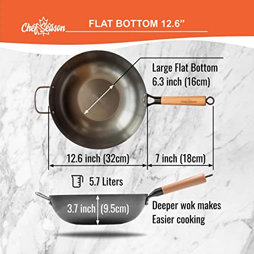 Chefseason Carbon Steel Wok - 12.6" Flat Bottom Wok For Stir-Frying - Large Uncoated Chinese Wok With Pre-Seasoned Non-Stick Surface - Fits Electric, Induction, And Gas Cooktops - Free Shopping Bag #TOP2