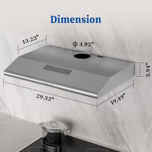 FIREGAS Under Cabinet Range Hood 30 Inch, Ducted/Ductless Convertible Kitchen Vent Hood with 250 CFM, Stainless Steel, 3-Speed Exhaust Fan, Energy-Efficient LED Lights for Stove Ventilation