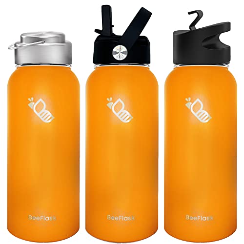 Bee Flask - Sports Water Bottle - 32 Oz, Includes 50 Cute Flask Stickers, 3 Lids (With Straw), Vacuum Insulated, 308 Stainless Steel, With A Portion Of Sales Supporting Bee Conservation | Orange #TOP1