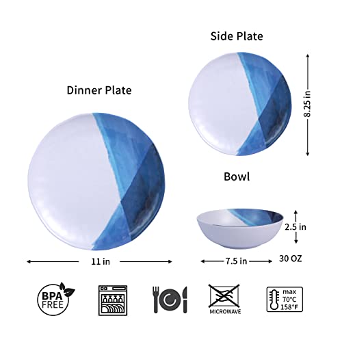 Melamine Plates And Bowls Set - 12Pcs Dinnerware Dishes Set For 4, Dinner Plates For Indoor And Outdoor Use, Break-Resistant, Blue & White #TOP1