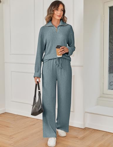 SHESHOW Women 2 Piece Lounge Set Long Sleeve Lapel Zip Up Pullover and Wide-Leg Pants Sweatsuits Travel Outfits2