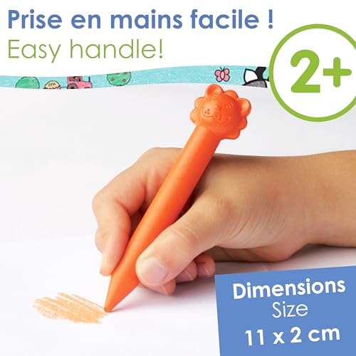 Aladine 3042015 Wachsmalstifte mit Tierköpfen, 12 verschiedene Farben und Tiere, für Kinder ab 2 Jahren