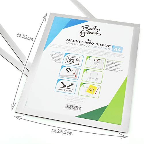 Robin Goods® 3X - Cadre d'information A4 - Porte-Documents - Autocollant avec Fermeture magnétique (03 pièces - Couleur Argent)