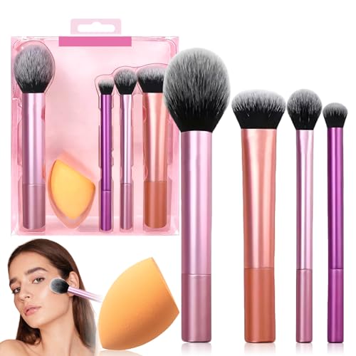 Set De Cepillos De Maquillaje,Kit de esponjas de maquillaje,4 Brochas + 1 Esponja – Herramienta De Maquillaje,Cerdas Suaves y Densas – Para Base,Sombra de Ojos,Rubor,Iluminador