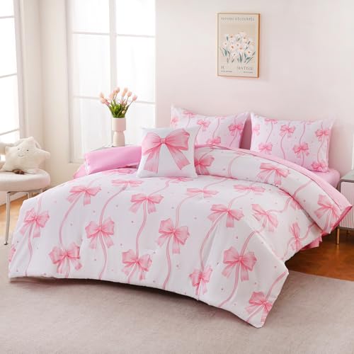 Image of DORCAS Bow Twin Comforter Set for Girls,6 Pieces Bed in A Bag Pink Bow Bedding Sets with Sheets for Kids