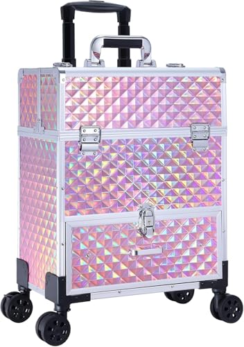 Adazzo Professional Rolling Makeup Case with Drawer for Makeup Artists Cosmetic Train Case Large Storage Case for Nail Technicians Cosmetology Case with Detachable Bag for Hairstylist Pink