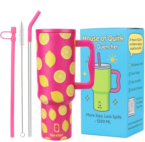 House of Quirk 1200ML Stainless Steel Tumbler with Handle & Lid, 2 Straws – Large Travel Mug Water Cup for Gym, Office & Outdoor Use (Pink Lemon)