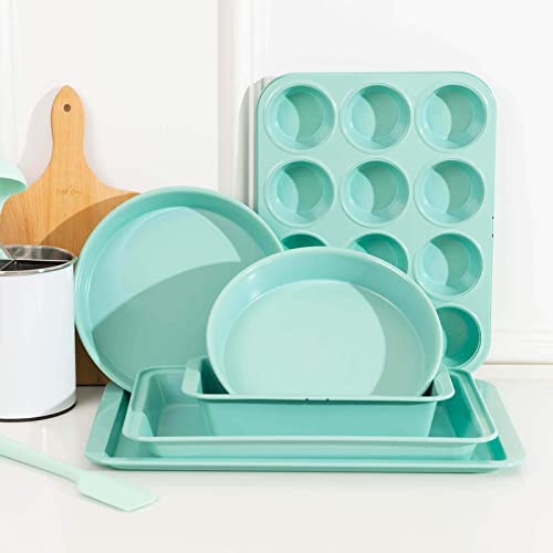 Rorence Bakeware Set Kitchen Oven Baking Pans Set: Nonstick Carbon Steel Cookie Sheet, Rectangular Cake Pan, 2 Round Cake Pans, Muffin Pan, Loaf Pan & Cooling Rack - Set Of 7 - Mint Green #TOP7