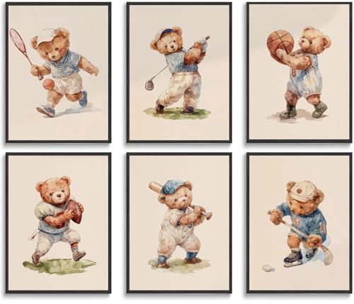 Image of 6Pcs Teddy Bear Sports Wall Art Vintage Cute Animal Wall Decor Pictures Basketball Rugby Baseball Kids Room Posters Prints for Children Bedroom Nursery Boy-Room Decoration Unframed