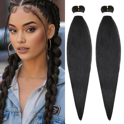 Natural Black Braiding Hair, 24 Inch 1B Synthetic Pre Stretched Braiding Hair, 2 Packs Hot Water...