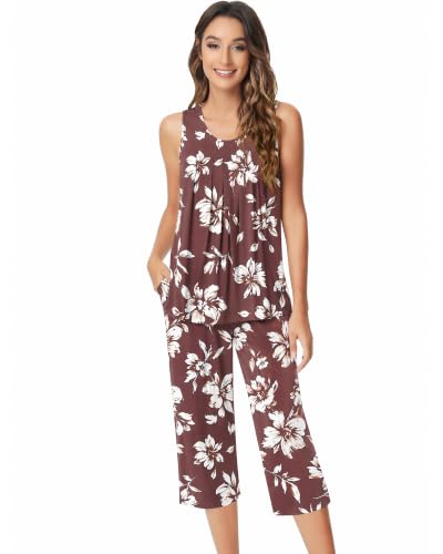 Image of NACHILA Pajamas for Women-Viscose Made from Bamboo, Sleeveless Pjs Tank Top Capri Pants Pajama Sets Cooling Sleepwear