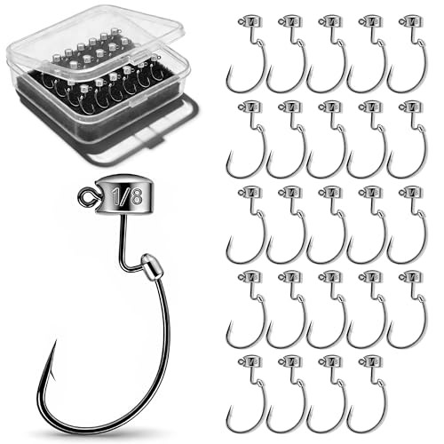YOTO 25 Pack Weedless Ned Rig Jig Heads EWG Hooks Molded Keeper Mushroom Head Finesse Bass Fishing Gear(1/8 oz)