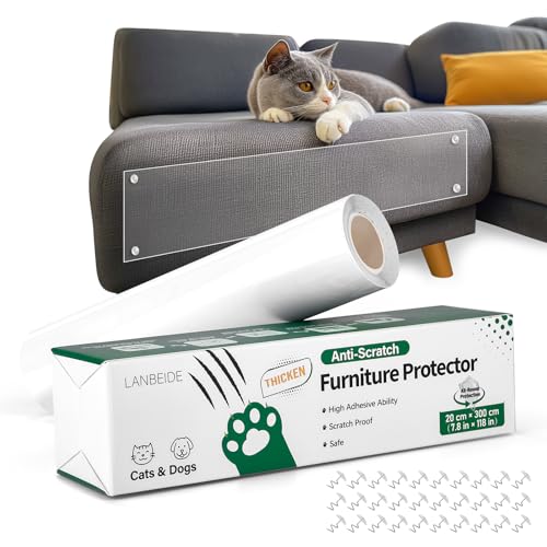 LANBEIDE Protetor de móveis anti-riscos, protetor de sofá para gatos com 30 pinos, adesivo de plástico transparente, fita adesiva de treino dissuasor de um lado (20 cm x 3 m)