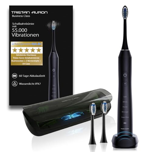 Tristan Auron Schallzahnbürste - Beste Reisezahnbürste 2025-100 Tage risikofrei testen - 55000 Elektrische Schwingungen 5 Programme 60 Tage Batterie mit UV Reiseetui 2 Aufsätze Business Class Schwarz