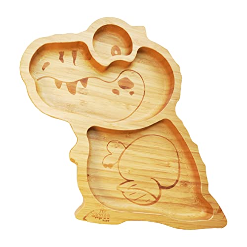 Xboo Toddler Plates, Bamboo Baby Suction Plates, Bamboo Suction Plates for Toddlers, Stay Put Feeding Plates, Wooden Divided Plate, Baby Dishes, Kids Plates, BPA Free | Rex_Green