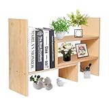 Flexzion Natural Wooden Desktop Shelf Wood Caddy Desk Organizer Set Office Storage Adjustable Expandable Tabletop Accessory Sorter Bookcase Display Stand Rack (Beige)