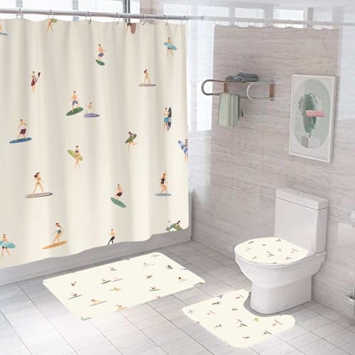 OLEBETY 4PCS Surfing Shower Curtain Sets with Rugs, Summer Shower Curtain, Waterproof Fabric Beige Shower Curtain, Colorful Surfboard Tiny Surfers Stylish Ocean Beach Coastal Aesthetic Bathroom Decor