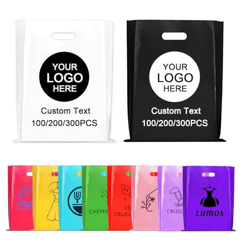300 Custom Plastic Bags with Logo, Bulk Personalized Shopping Bags
