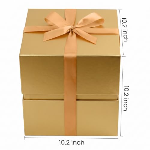 Image of LIFELUM Gold Square Gift Box 10.2 x 10.2 x 10.2 inch, 1 Pack Luxury Magnetic Gift Box with Lid, Card, Ribbon, Shredded Paper Filler for Birthday, Business, Wedding, Graduation Gifts