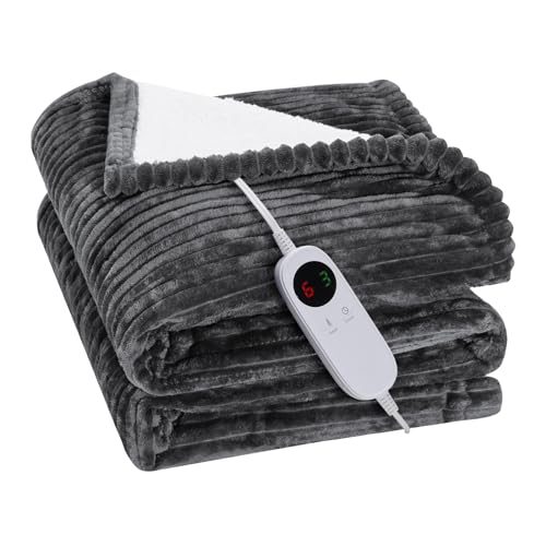 Heated Blanket Electric Throw Blanket with 6 Heating Levels, 1-9 Hours Auto Off Thick Flannel & Sherpa Heated Throw for Home Office Use, Machine Washable, Dark Grey, 50
