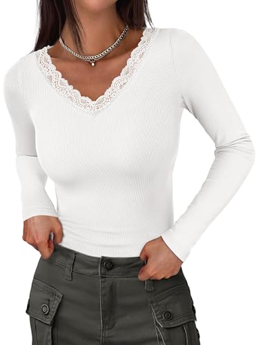 ANRABESS Long Sleeve Shirts for Women Lace V Neck Rib Knit Slim Fit Basic Tee Tops 2025 Casual T-Shirt Going Out Fall Outfits White M