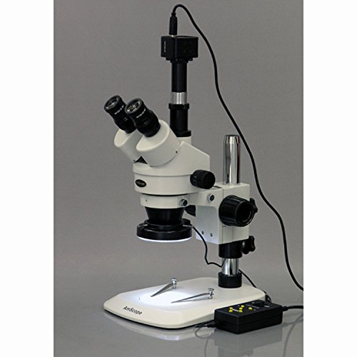 Image of AmScope SM-1TNZ-144A-5M Digital Professional Trinocular Stereo Zoom Microscope, WH10x Eyepieces, 3.5X-90X Magnification, 0.7X-4.5X Zoom Objective, Four-Zone LED Ring Light, Pillar Stand, 110V-240V, Includes 0.5X and 2.0X Barlow Lenses and 5MP Camera with Reduction Lens and Software