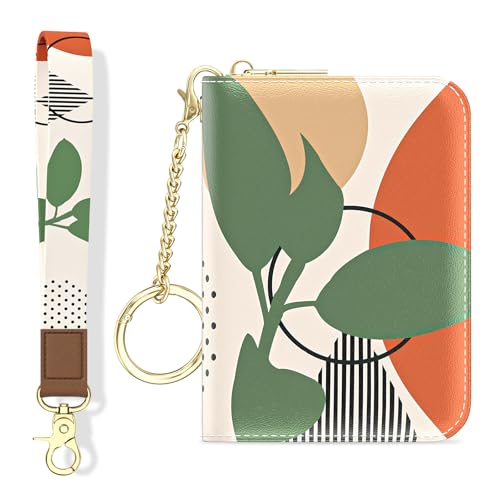 Image of Aiawoxc Credit Card Holder, Small RFID Wallet Slim Leather Card Organizer Case with Zipper and Wristlet Strap, Tropical Plants