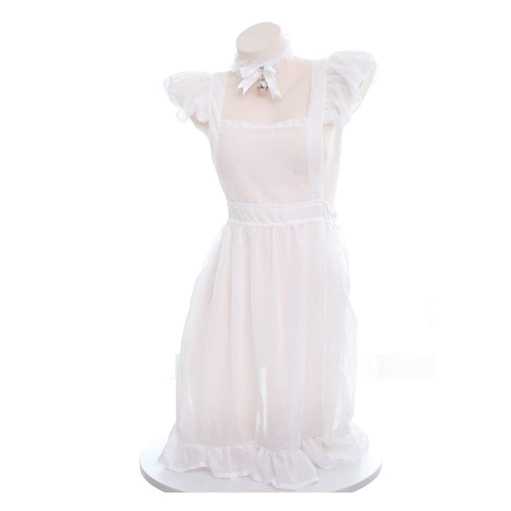 Grembiule da Cameriera Sexy Nero Bianco per Donna, Ragazza, Costume, Cosplay, Vestito da Cameriera, Camera da Letto, Grembiule da casa in Pizzo Traslucido (Bianco)