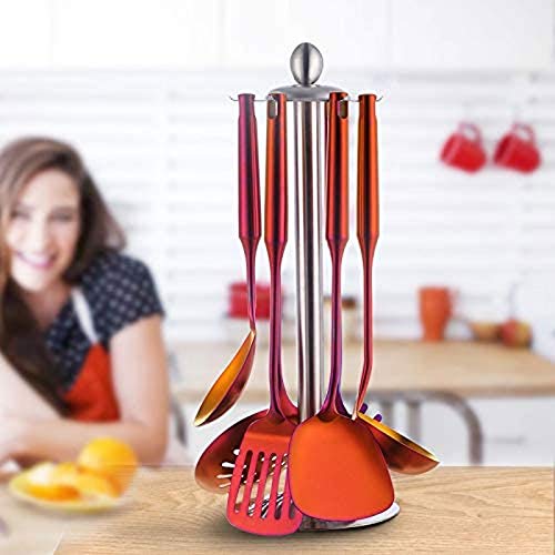 Juego de Utensilios de Cocina de Acero Inoxidable Cuchara para Sopa Dorada Pala ranurada Utensilios de Cocina Espátula Colador Cucharón para Servir Pasta，Colorful