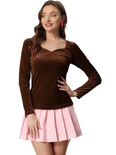 Hauts en velours pour femme chic avec col en cœur élégant marron Taille S