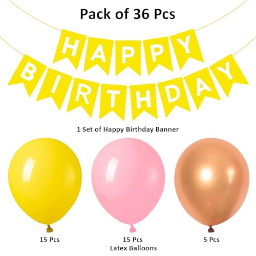 Image of Rozi Decoration Yellow & Pink Birthday Balloon Decoration Arch Kit Set of 36 Pcs - Metallic Rose Gold Balloons with Banner for Girls & Boys Party Supplies