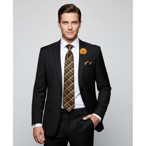 Image of 5PCS Mens Premium Silk Tie, Pocket Square, Cufflinks, Drilled Tie Ring and Lapel Pin Set for Wedding Groom Party