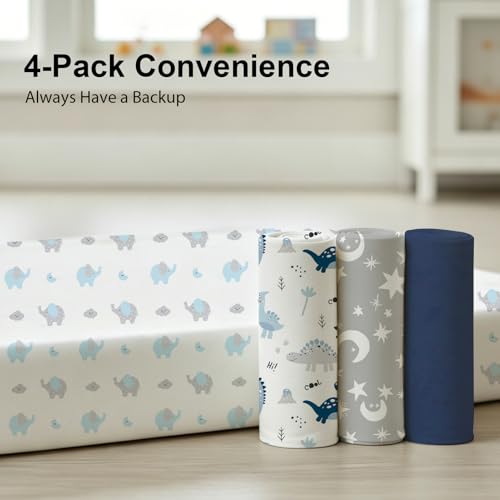 Image of Plushii Mini Crib Sheets 4 Pack, 38 inchx 26 inch Extra Soft Microfiber Pack and Play Fitted Sheet for Mini Crib & Pack and Play Mattress, Playpen Sheet Fitted for Baby Boys,Dinosaur
