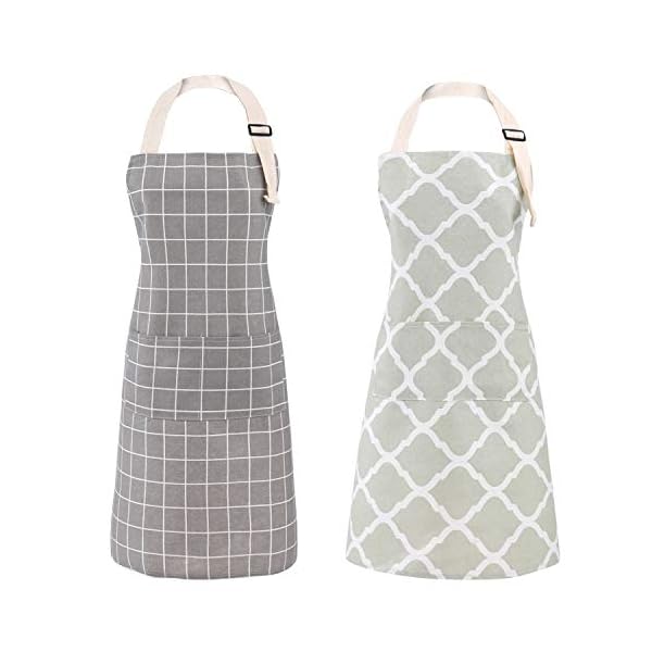 Tosewever 2 Pieces Cotton Linen Waterproof Bib Kitchen Apron with Pockets - Long Ties Adjustable Neck Strap - Unisex BBQ Cooking Drawing Crafting Aprons for Women Chef (Grey/Green, 2)