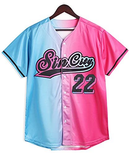 URUHR Men's Baseball Jerseys Button-Down Sin City Stitched Jerseys 22 Size Blue/Pink-S
