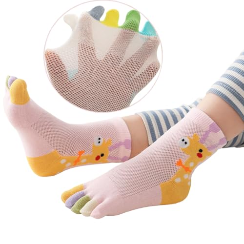 5 Pairs Kids Toe Socks Cute Animal Giraffe Cotton Socks Five Finger Ankle Socks for Boys Girls 3-12 Years3