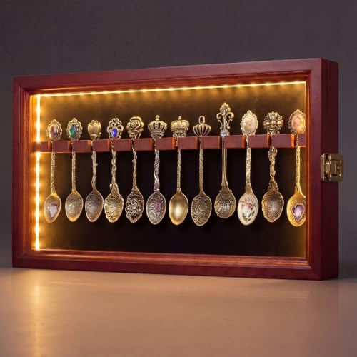 Sliner Decorative Spoon Rack Display Case Hold 12 Spoons with LED Lights Lockable Wall Mount Holder Organizer for Collection Cherry Wood