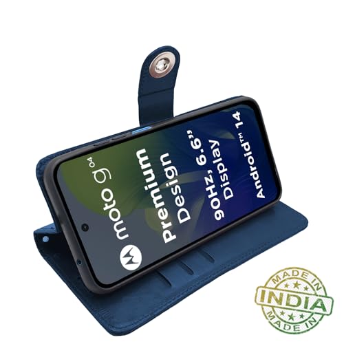 Image of Pikkme Moto G04 Flip Cover Leather Finish | Inside TPU with Card Pockets | Wallet Stand and Shock Proof | Complete Protection Button Flip Case (Blue)