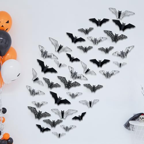 【LEISURE CLUB】 ハロウィン ウォールステッカー コウモリ 飾り 装飾 3D立体 紙製 壁に貼る オシャレ ハロウィーン デコレーション 部屋 店舗 窓ステッカー (36, 黒（透かし彫り）) [2]