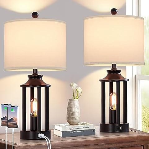 Ruzectt Touch Control Farmhouse Table Lamp Set of 2 with 2 USB Ports, 3 Way Dimmable Bedside Lamps with 2 LED Nightlight，Rustic Nightstand Lamps for Bedroom, Living Room Office (4 LED Bulbs Included) Cover