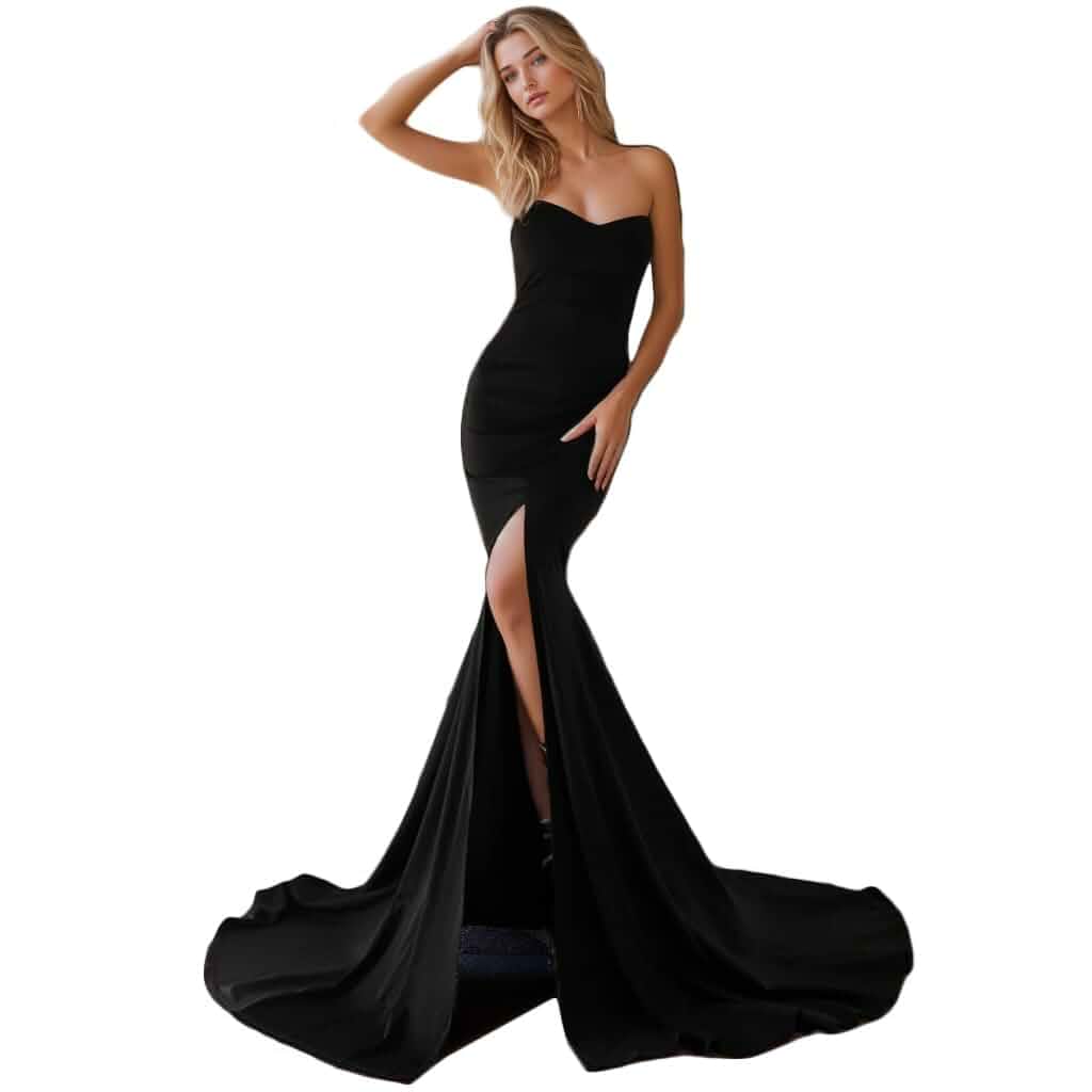 Super Long Strapless Formal Evening Night Party Dress Front Split Full Length Gown