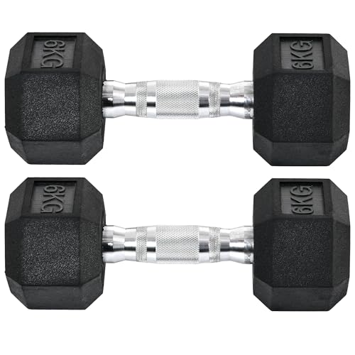HOMCOM Hexagon Hanteln, 2er Set Hanteln mit gerändeltem Griff, Kurzhantelset aus Gusseisen, 2 x 6 kg, Kurzhanteln für Männer Frauen, Zuhause, Fitnessstudio, Krafttraining