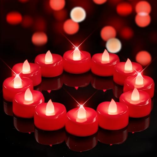 Image of merrynights LED Candles, 24 Pack Tea Lights Candles Battery Operated, Flameless Tealight Candle, Realistic Tea Lights for Halloween Christmas Party Decor -D 1.5 inch x H 1.25 inch-Red