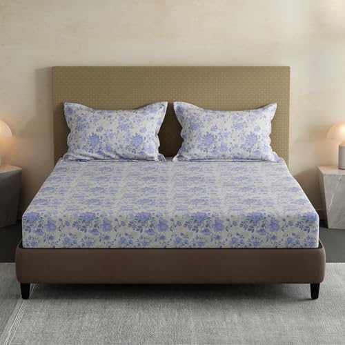Image of Layers 100% Cotton Bedsheet for King Size Bed | Lumina Floret Collection | 144 TC Soft & Breathable | Floral Print with 2 Pillow Covers | Wrinkle Free & Colorfast | 3 Piece Bedding Set - Blue