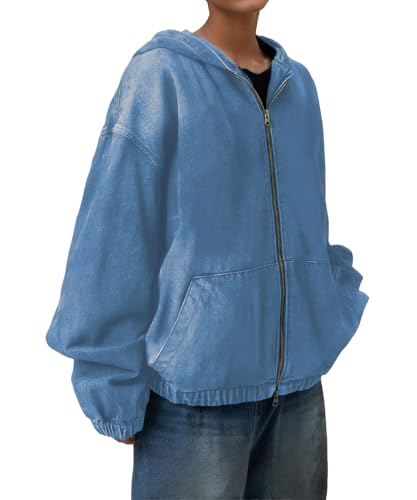 Women's Zip Up Denim Hoodie Sweatshirt Jean Jacket Coats with Pockets4