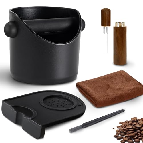 Espresso Coffee Knock Box with Cleaning Brush Barista Coffee Grounds Container Non-Slip Base Removable Knock Bar & Stirring Needle Small Coffee Machine Accessories