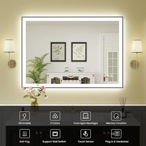 Image of WTTY 40 inchX30 inch LED Bathroom Mirror with Black Frame, Bathroom Vanity Mirror with Lights for Wall, Front Light and Backlit, Anti-Fog, Dimmable, 3 Colors, Shatterproof, Memory, Horizontal /Vertical