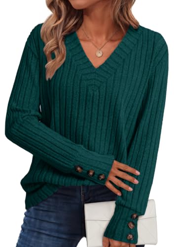Image of Dokotoo Womens Tops V Neck Lightweight Sweater Fall Long Sleeve Top 2026 | Decorative Buttons, Soft Breathable Knit Material, Pullover Tunic Tops, Business Casual, Fall Outfits, Winter Clothing 2026