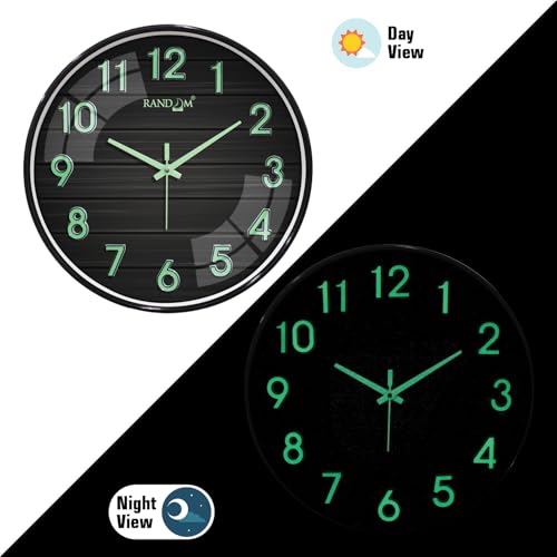 Image of RANDOM Modern 12.75INCH Wall Clock with 3D Radium Numbers, Silent Non-Ticking, Premium Black Frame, Ultra Clear Glass for Living Room, Home Office
