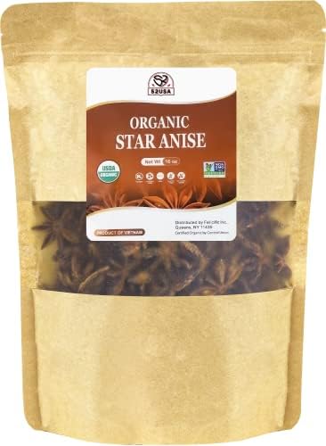 52USA Organic Star Anise, 16 Ounce (Pack of 1), NON-GMO Verified Chinese Star Anise Whole, Dried Star Anise Pods for Tea and baking